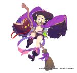  1girl bare_shoulders belt blonde_hair book boots broom circlet fire_emblem fire_emblem_heroes halloween halloween_costume hat high_heels long_hair midriff nagisa_kurousagi navel nowi_(fire_emblem) official_art open_book open_mouth pointy_ears purple_hair shorts sleeves_past_wrists solo teeth watermark witch_hat 