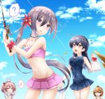  &gt;:) 4girls ? ahoge akebono_(kantai_collection) armpits bag baretto_(firearms_1) bell black_hair blue_sky breasts brown_eyes brown_hair carrying cellphone choker cleavage clouds cloudy_sky collarbone commentary_request crab fishing_hook fishing_rod flower flying_sweatdrops grey_eyes hair_bobbles hair_flower hair_ornament hat hat_removed headwear_removed holding kantai_collection long_hair multiple_girls musical_note oboro_(kantai_collection) phone pink_eyes pink_hair plastic_bag pleated_skirt polka_dot polka_dot_swimsuit rabbit sazanami_(kantai_collection) short_hair side_ponytail silver_hair skirt sky small_breasts smartphone spoken_musical_note spoken_question_mark straw_hat swimsuit twintails ushio_(kantai_collection) 