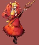  1girl black_footwear black_gloves borokuro brown_eyes delphox full_body gloves highres holding holding_staff long_hair looking_at_viewer personification pokemon red_robe solo staff standing twintails 