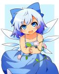  cirno hidden_star_in_four_seasons looking_at_viewer open_mouth peku_(science_santa-san) simple_background smile tanned_cirno touhou 