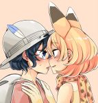  2girls animal_ears apple12th backpack bag bare_shoulders black_hair blonde_hair blue_eyes blush brown_eyes bucket_hat eye_contact from_side grey_hat hands_on_another&#039;s_shoulders hat hat_feather highres imminent_kiss kaban_(kemono_friends) kemono_friends looking_at_another multiple_girls nose_blush orange_background parted_lips profile red_shirt scarf serval_(kemono_friends) serval_ears shiny shiny_hair shirt short_hair sideways_mouth simple_background sleeveless smile upper_body yellow_scarf yuri 