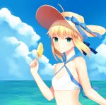  1girl ahoge artoria_pendragon_(all) blonde_hair blue_ribbon blue_sky breasts cleavage clouds eyebrows_visible_through_hair fate/grand_order fate_(series) food green_eyes hair_ribbon halterneck hat hat_ribbon highres holding ice_cream looking_at_viewer ocean outdoors ribbon saber short_hair_with_long_locks sidelocks sky small_breasts smile solo standing straw_hat sun_hat upper_body white_bikini_top yaho_(yaho0211) 