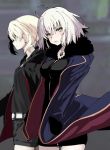  2girls ahoge artoria_pendragon_(all) blonde_hair blush fate/grand_order fate_(series) fur_trim hands_in_pockets highres iwasaki_takashi jacket jeanne_alter jewelry multiple_girls necklace ruler_(fate/apocrypha) saber_alter shorts white_hair yellow_eyes 