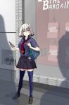  ahoge bag cellphone commentary_request fate/grand_order fate_(series) highres iwasaki_takashi jeanne_alter necktie phone ruler_(fate/apocrypha) school_bag school_uniform short_hair short_sleeves skirt smartphone thigh-highs yellow_eyes zettai_ryouiki 