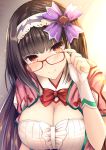  1girl adjusting_eyewear black_hair blush breasts cleavage fate/grand_order fate_(series) fingerless_gloves glasses gloves hair_ornament hairband hood hoodie japanese_clothes large_breasts long_hair looking_at_viewer low_twintails osakabe-hime_(fate/grand_order) red-framed_eyewear smile solo taiki_ken twintails very_long_hair violet_eyes 