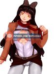  1girl absurdres blake_belladonna breasts crossover halloween_costume highres mikasa_ackerman no_bra open_shirt pinup rwby shingeki_no_kyojin solo 