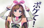  1girl a.i._channel bow brown_hair commentary_request detached_sleeves eric_muentes green_eyes hair_bow hairband kizuna_ai long_hair looking_up pointing pointing_up sailor_collar smile solo 