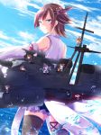  6+girls bare_shoulders blue_eyes boots brown_hair cannon day detached_sleeves fairy_(kantai_collection) flipped_hair frilled_skirt frills from_behind green_skirt hairband hiei_(kantai_collection) kantai_collection multiple_girls nanoha-h nontraditional_miko ocean outdoors ribbon-trimmed_sleeves ribbon_trim rigging short_hair skirt sky smokestack thigh-highs thigh_boots turret 