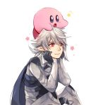  1boy anocurry armor blush cape fire_emblem fire_emblem_if gloves hairband kirby kirby_(series) male_focus male_my_unit_(fire_emblem_if) my_unit_(fire_emblem_if) pointy_ears red_eyes short_hair smile super_smash_bros. white_background white_hair 