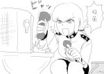  1girl absurdres bucket cleaning commentary_request fate/grand_order fate_(series) florence_nightingale_(fate/grand_order) forceps greyscale highres long_sleeves monochrome open_mouth shiromi_(15741279) solo squatting squirting toilet translation_request white_background 