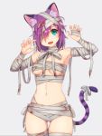  1girl :d animal_ears aqua_eyes armpits bandage bandage_on_face bandage_over_one_eye bandaged_arm bandaged_hands bandaged_head bandaged_leg bare_shoulders blood blood_stain breasts cat_ears cat_tail claw_pose commentary cowboy_shot fang gluteal_fold grey_background hair_between_eyes hands_up kai_(ootamuno12) legs_together looking_at_viewer medium_breasts naked_bandage navel neck_ribbon one_eye_closed one_eye_covered open_mouth original purple_hair ribbon short_hair simple_background smile solo standing striped_tail tail thigh_gap under_boob 