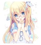  1girl :o bangs blonde_hair blue-framed_eyewear blue_eyes blush book commentary_request dress eyebrows_visible_through_hair eyewear_removed fang glasses hair_between_eyes hair_ornament hair_ribbon head_tilt kinoko5123 long_hair looking_at_viewer multicolored multicolored_nail_polish nail_polish one_side_up open_mouth original own_hands_together red-framed_eyewear ribbon short_sleeves solo striped striped_ribbon tareme upper_body white_background white_dress x_hair_ornament 