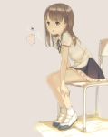  1girl :o bangs beige_background blouse blue_skirt blush brown_eyes brown_hair eyebrows_visible_through_hair kokudou_juunigou legs_together long_hair looking_at_viewer open_mouth original shoes short_sleeves simple_background sitting skirt socks solo tareme uwabaki white_blouse 