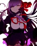  1girl bangs bb_(fate/extra_ccc) black_dress breasts closed_mouth cowboy_shot dress fate/extra fate/extra_ccc fate_(series) hair_ribbon half-closed_eyes high_collar hiiragi_fuyuki large_breasts long_hair long_sleeves purple_hair red_eyes ribbon shirt simple_background smile solo standing thigh_gap very_long_hair white_background white_shirt wide_sleeves 