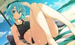  1girl bare_arms bare_legs bare_shoulders beach beach_towel beach_umbrella bikini black_bikini blue_eyes blue_hair blue_sky breasts closed_mouth clouds collarbone commentary_request day dutch_angle goggles goggles_on_head highres knees_up looking_at_viewer medium_breasts outdoors sand shikei shinon_(sao) shiny shiny_hair shiny_skin short_hair sitting sky solo swimsuit sword_art_online towel umbrella water 