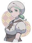  1girl apron ascot blush breasts brown_ascot buttons chef chef_hat gloves green_eyes green_hair hat highres katy_(pokemon) miichinori mole mole_on_cheek mole_under_eye pokemon pokemon_(game) pokemon_sv puffy_short_sleeves puffy_sleeves shirt short_sleeves smile solo white_headwear 