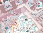  1girl abstract bare_arms bare_legs bare_shoulders barefoot blue_hair character_doll commentary_request curled_up dress hatsune_miku highres hiiragi_fuyuki indoors long_hair lying on_side red_eyes slit_pupils solo tears twintails very_long_hair vocaloid white_dress 