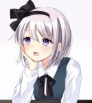  1girl arm_support bangs black_hairband black_neckwear black_ribbon blue_eyes chin_rest commentary_request drooling hair_ribbon hairband konpaku_youmu long_sleeves looking_up purin_jiisan ribbon silver_hair simple_background smile solo touhou upper_body vest 