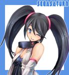  1girl ;) bangs bare_shoulders black_collar black_dress black_hair blue_eyes blush breasts character_name cleavage collar detached_sleeves dress eyebrows eyelashes facing_away grin hair_between_eyes hair_tie long_hair long_sleeves one_eye_closed saturn-freak sega_hard_girls sega_saturn_(sega_hard_girls) small_breasts smile solo teeth twintails upper_body v-neck 