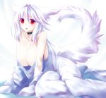  1girl :o absurdres animal_ears arm_support bare_shoulders black_neckwear blush breasts choker dress eyebrows_visible_through_hair hair_between_eyes highres huge_breasts long_dress long_hair long_sleeves looking_at_viewer minarai_tenna off_shoulder original red_eyes sitting slit_pupils solo tail white_dress white_hair 