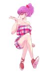  1girl bare_legs bare_shoulders blue_eyes bra_(dragon_ball) dragon_ball eyebrows_visible_through_hair full_body glasses legs_crossed looking_away miiko_(drops7) one_eye_closed ponytail purple_hair simple_background solo_focus tied_hair white_background 