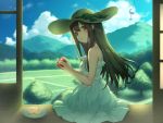 1girl apple apple_slice blue_sky brown_eyes brown_hair clouds copyright_request day dress food fruit grass hand_up hat hat_ribbon hill holding holding_fruit long_hair looking_at_viewer mimikaki official_art pokachu ribbon sitting sky smile solo sun_hat tree white_dress wind_chime 