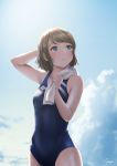  1girl arm_up blue_eyes blue_sky blue_swimsuit brown_hair clouds competition_swimsuit cowboy_shot day drying drying_hair grey_hair highres looking_up love_live! love_live!_sunshine!! one-piece_swimsuit outdoors papi_(papiron100) parted_lips short_hair signature sky solo standing swimsuit towel towel_around_neck watanabe_you water wet wet_hair 