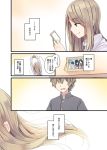  1boy 1girl brown_eyes comic gakuran hair_blowing light_brown_hair long_hair long_sleeves niichi_(komorebi-palette) no_eyes original photo_(object) school_uniform smile stretch translation_request 