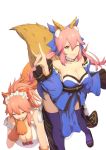  2girls animal_ears bell bell_collar blue_legwear breasts cleavage collar fang fate/extra fate/extra_ccc fate/grand_order fate_(series) finger_licking fox_ears fox_shadow_puppet fox_tail hair_ribbon highres japanese_clothes large_breasts licking long_hair looking_at_viewer multiple_girls murumuru_(pixiv4724749) one_eye_closed open_mouth paws pink_hair ribbon simple_background tail tamamo_(fate)_(all) tamamo_cat_(fate) tamamo_no_mae_(fate) white_background yellow_eyes 