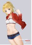  1girl artist_name belt blonde_hair blue_shorts blush bra breasts character_name cleavage collarbone copyright_name cowboy_shot denim denim_shorts dutch_angle eyebrows_visible_through_hair fate/apocrypha fate_(series) green_eyes grey_background grin groin hair_ornament hair_scrunchie hand_on_hip high_ponytail highres jewelry medium_breasts midriff navel necklace saber_of_red scrunchie shiny shiny_skin short_shorts shorts sidelocks signature smile solo standing stomach strapless strapless_bra torn_clothes torn_shorts underwear warashi white_bra 