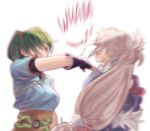 1girl commentary dress fingerless_gloves fire_emblem fire_emblem:_rekka_no_ken fire_emblem_if fire_emblem_musou gloves green_eyes green_hair high_ponytail highres japanese_clothes long_hair lyndis_(fire_emblem) ponytail solo takumi_(fire_emblem_if) very_long_hair 