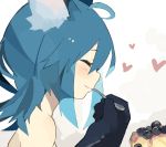  1girl ahoge animal_ears bangs bare_shoulders black_gloves blue_hair blush closed_eyes closed_mouth eating from_side gloves hair_between_eyes heart holding holding_spoon long_hair original pappii paprika_shikiso paws profile smile solo spoon 