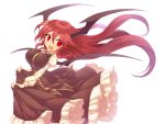  1girl black_skirt breasts frilled_skirt frills head_wings juliet_sleeves koakuma kuresento large_breasts long_hair long_sleeves looking_at_viewer necktie open_mouth puffy_sleeves red_eyes red_neckwear redhead simple_background skirt skirt_set smile solo touhou white_background 