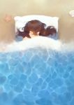  1girl abstract beach brown_hair closed_eyes closed_mouth foam from_above idk-kun long_hair lying on_back original pillow profile sand seashell shell sleeping solo starfish under_covers water waves 