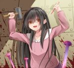  1girl :d arms_up bangs beige_background black_hair blood blush brown_eyes child collarbone commentary_request creek_(moon-sky) drawstring eyebrows_visible_through_hair hair_between_eyes hammer head_tilt holding holding_hammer hood hood_down hoodie long_hair looking_at_viewer nail open_mouth original pink_hoodie shaded_face simple_background smile solo upper_body youjo_(creek_(moon-sky)) 