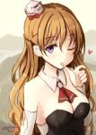  1girl ascot bare_shoulders blonde_hair breasts cleavage commentary eyebrows_visible_through_hair finger_to_mouth hat heart kantai_collection large_breasts long_hair looking_at_viewer mashayuki mini_hat open_mouth tongue tongue_out twitter_username violet_eyes wavy_hair zara_(kantai_collection) 