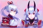  1girl armor bangs blue_hair closed_mouth commentary fate/grand_order fate_(series) hair_between_eyes headband highres horns idk-kun japanese_armor japanese_clothes kimono long_hair looking_at_viewer multiple_views obi oni_horns ponytail red_eyes sash sidelocks smile tomoe_gozen_(fate/grand_order) twitter_username white_kimono 
