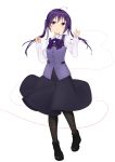  1girl absurdres ahoge bangs black_footwear black_legwear black_skirt boots bow bowtie breasts buttons closed_mouth collared_shirt commentary_request full_body gochuumon_wa_usagi_desu_ka? hair_ornament hairclip highres juujuu long_hair long_sleeves looking_at_viewer pantyhose purple_hair purple_neckwear purple_vest rabbit_house_uniform red_string shirt sidelocks skirt small_breasts smile solo string string_on_pinky tedeza_rize twintails vest violet_eyes white_background white_shirt wing_collar 