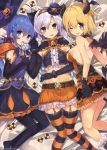  3girls ;p absurdres ahoge animal_ears arm_across_waist arm_grab bangs bare_back bare_shoulders bat_wings bell belt black_gloves black_hat black_legwear blonde_hair blue_eyes blue_hair braid breasts candy capelet checkerboard_cookie choker cookie crop_top demon_tail dress elbow_gloves eyebrows_visible_through_hair food frilled_skirt frills garter_straps girl_sandwich gloves green_eyes groin hair_between_eyes hairband halloween halloween_costume hat hat_removed headwear_removed highres holding_lollipop horns huge_filesize knees_together_feet_apart legs_together lollipop looking_at_viewer lying medium_breasts midriff mini_hat miniskirt mishima_kurone multiple_girls navel no_shoes on_back on_side one_eye_closed open-back_dress open_mouth orange_hairband orange_legwear orange_skirt pantyhose parted_bangs paw_pose pleated_skirt pumpkin ribbed_shirt rokudenashi_majutsu_koushi_to_akashic_record rumia_tingel ryiel_rayford sandwiched scan shirt short_hair short_hair_with_long_locks sideboob sidelocks silver_hair sistine_fiber skirt stomach striped striped_legwear swirl_lollipop tail thigh-highs tongue tongue_out wavy_mouth wings witch_hat wolf_ears wrist_cuffs zettai_ryouiki 