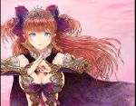  blue_eyes bow breasts brown_hair cape clenched_hand coyubi earrings hair_bow jewelry large_breasts long_hair looking_at_viewer purple_bow purple_cape sennen_sensou_aigis standing tiara 