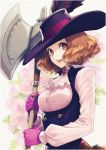  1girl axe brown_eyes brown_hair cravat enmto floral_background gloves hat hat_feather okumura_haru persona persona_5 purple_gloves solo underbust 