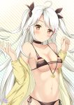  1girl :o ahoge azur_lane bangs bare_shoulders bikini black_bikini black_neckwear black_ribbon blush breasts choker cleavage collarbone eyebrows_visible_through_hair flag_print german_flag hair_ribbon jacket long_hair long_sleeves looking_at_viewer medium_breasts mikoillust mole mole_on_breast multicolored_hair navel off_shoulder open_clothes open_jacket parted_lips prinz_eugen_(azur_lane) red_eyes redhead ribbon side-tie_bikini signature silver_hair solo stomach streaked_hair striped striped_background swept_bangs swimsuit tareme two_side_up under_boob upper_body very_long_hair yellow_jacket 