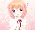  1girl :d amedamacon bangs beige_jacket blush bow bowtie breasts character_name commentary_request confetti english eyebrows_visible_through_hair flower gochuumon_wa_usagi_desu_ka? gradient gradient_background hair_between_eyes hair_flower hair_ornament hand_on_own_cheek happy_birthday head_tilt heart hoto_cocoa jacket long_sleeves looking_at_viewer open_mouth orange_hair portrait shirt short_hair small_breasts smile solo striped_neckwear two-tone_background violet_eyes white_shirt 