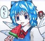  2girls :p ascot bat_wings blue_eyes blue_hair bow chibi cirno collared_shirt commentary_request dress drooling eyebrows_visible_through_hair food hair_bow head_wings ice ice_wings kabaji koakuma long_hair looking_at_viewer multiple_girls o_o popsicle puffy_sleeves redhead shirt short_hair simple_background skirt skirt_set solo_focus tongue tongue_out touhou traditional_media upper_body vest watermelon_bar white_background wings 
