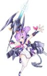  1girl anchor armpits artist_request azur_lane blue_eyes bracelet cannon chains crown dress hair_ornament hairclip holding holding_weapon javelin javelin_(azur_lane) jewelry leg_up namesake official_art one_eye_closed outstretched_arms purple_hair remodel_(azur_lane) solo spread_arms thigh-highs torpedo_tubes transparent_background weapon white_background 