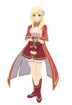 1girl artist_request blonde_hair boots closed_mouth full_body green_eyes hair_ornament knee_boots long_hair looking_at_viewer mileena_weiss official_art red_capelet red_footwear red_skirt skirt smile solo standing tales_of_(series) tales_of_the_rays v_arms white_background 