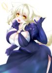  ! 1girl :o absurdres animal_ears bangs blonde_hair blush breasts cleavage dress eyebrows_visible_through_hair highres juliet_sleeves large_breasts leaning_forward long_sleeves minarai_tenna o-ring open_mouth original puffy_sleeves purple_dress short_hair sleeves_past_wrists solo standing tail yellow_eyes 