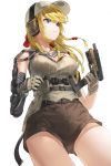  1girl ammunition blonde_hair blue_eyes bow brown_shorts commentary glock glock_18c gun handgun hat kfr long_hair magazine_(weapon) military_operator original pistol short_shorts shorts solo weapon 