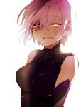  1girl armor armored_dress bare_shoulders black_dress black_gloves breasts crying crying_with_eyes_open dress elbow_gloves eyebrows_visible_through_hair fate/grand_order fate_(series) gloves hair_between_eyes half-closed_eyes hiiragi_fuyuki looking_at_viewer medium_breasts parted_lips pink_eyes pink_hair shielder_(fate/grand_order) short_hair simple_background smile solo tears upper_body white_background 
