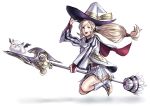  1girl alternate_costume bat_wings bird blonde_hair boots cape feh_(fire_emblem_heroes) fire_emblem fire_emblem_heroes halloween_costume hat low_ponytail open_mouth owl polearm sharena simple_background spear teeth weapon white_background wings witch_hat 